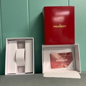 BNWT EMPTY PEUGEOT WHITE WATCH BOX WITH RED GLOSS PAPER SLEEVE, CLOTH & PAPERS